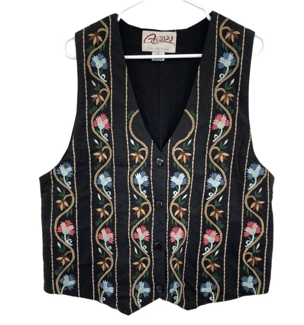 Asapu Vest Womens Large Black Embroidered Floral Cotton Button Front Boho India